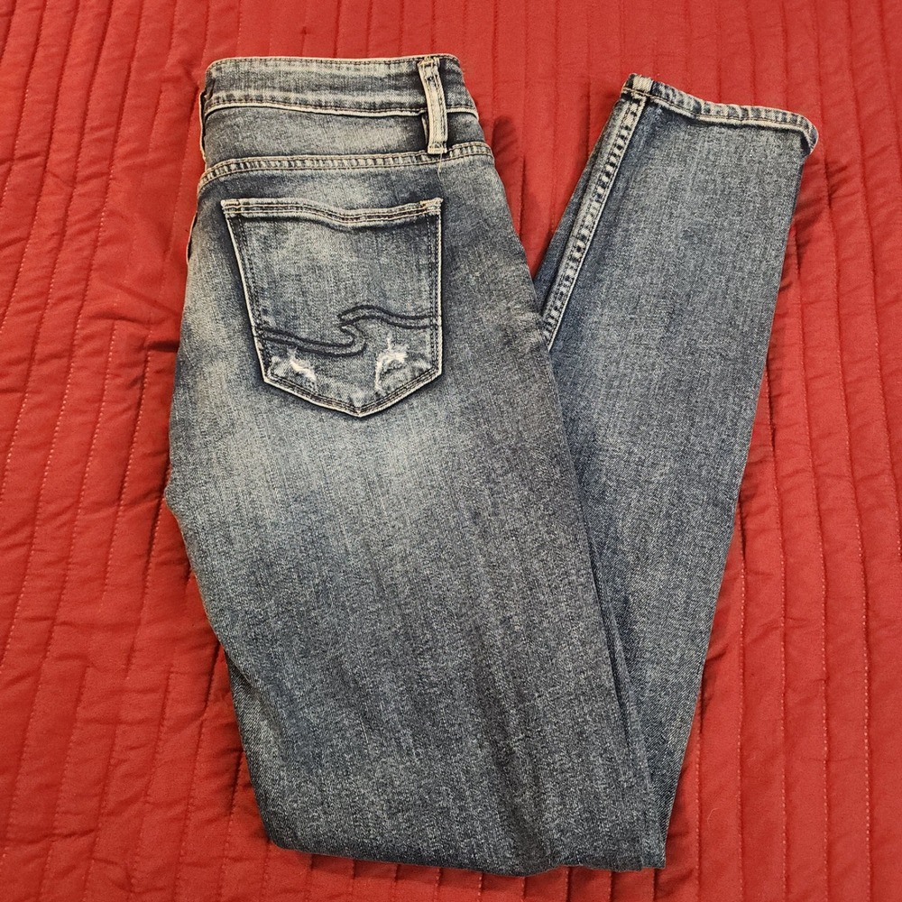 E78 Silver Jeans Co Boyfriend Distressed Ripped Denim Blue Acid Wash W26 L29
